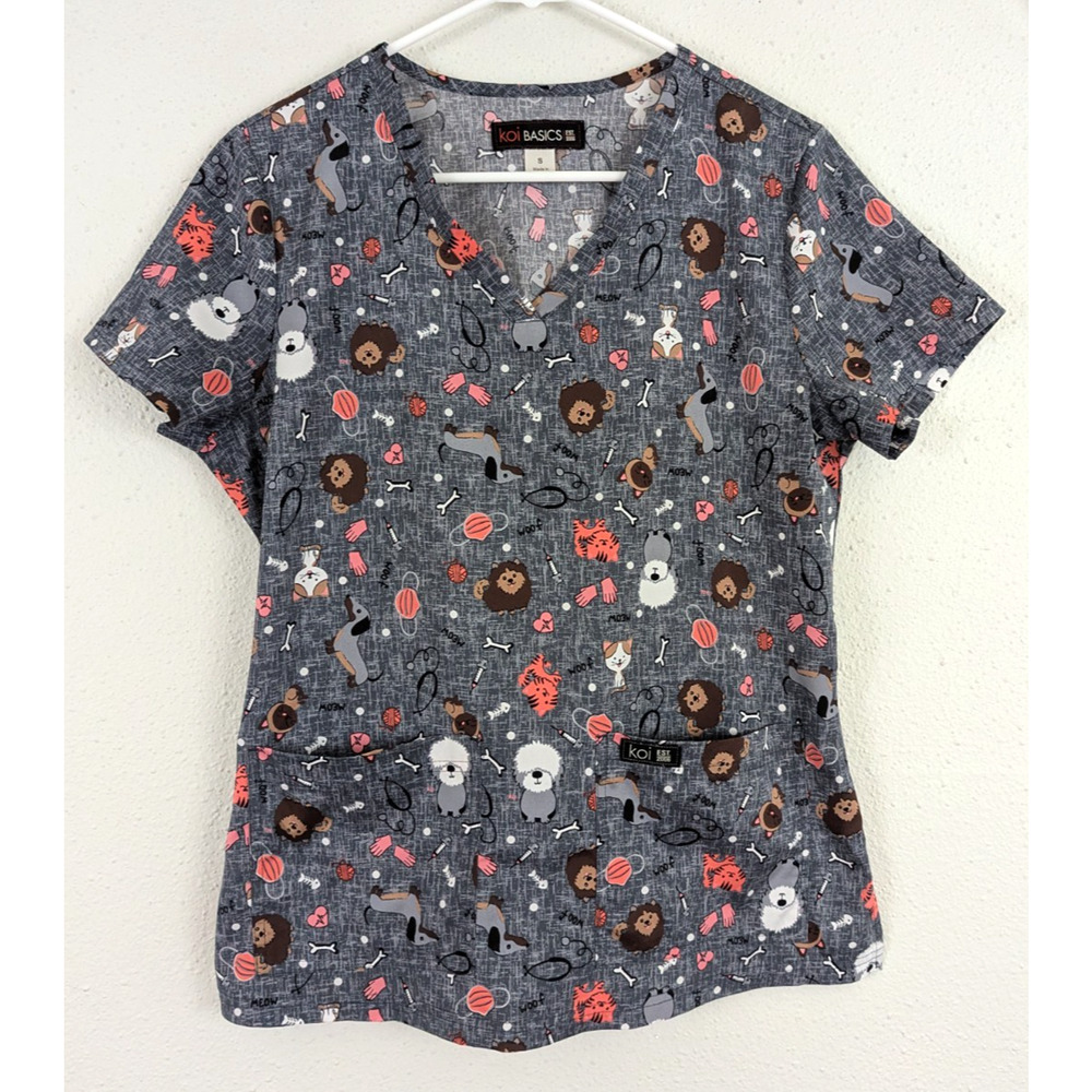 Koi Basics sz S Scrub Top woof meow dogs cat short sleeve animals vet dr 0509